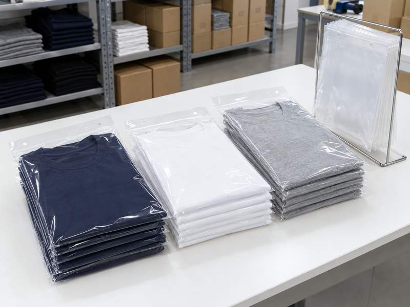 Folded T-shirts packed in clear wicketed poly bags on a packing table