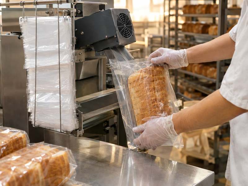 Loaf of bread going into a clear wicketed bread bag on a semi-automatic bagger
