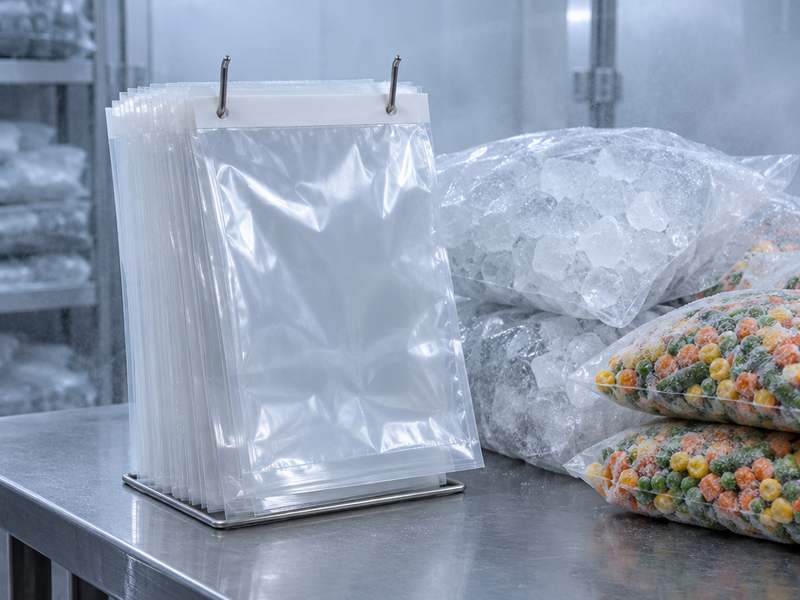 Clear wicketed bags of frozen vegetables and ice cubes on a steel table
