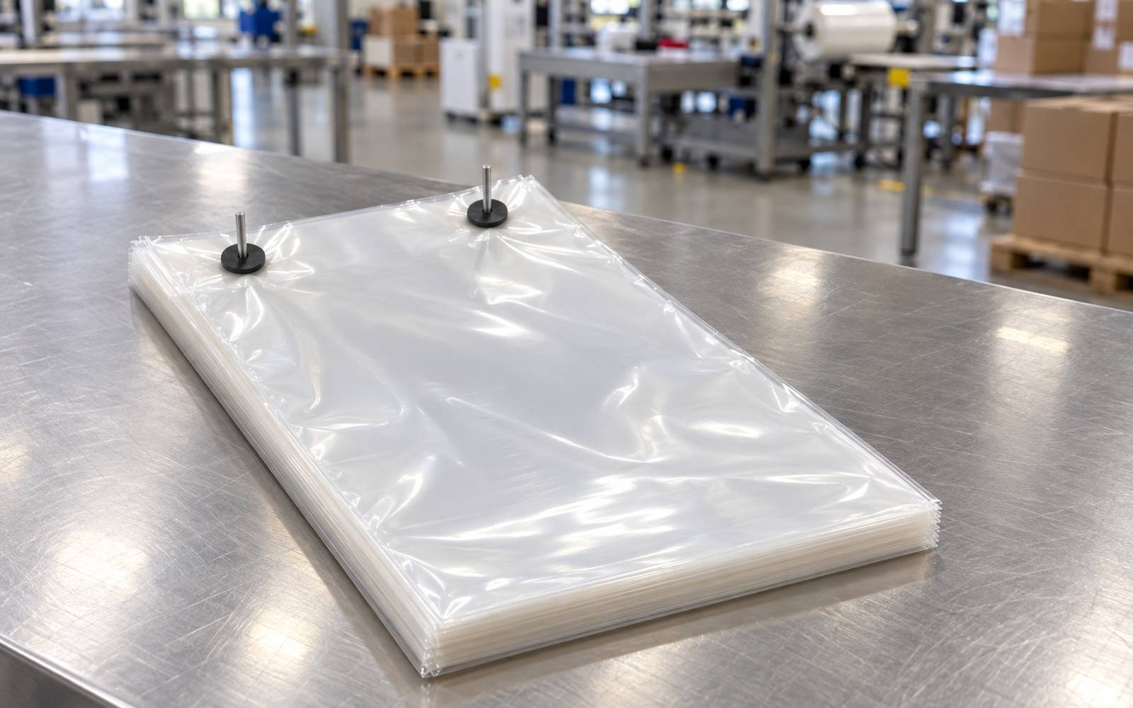 Stack of clear custom wicketed poly bags on a wire wicket