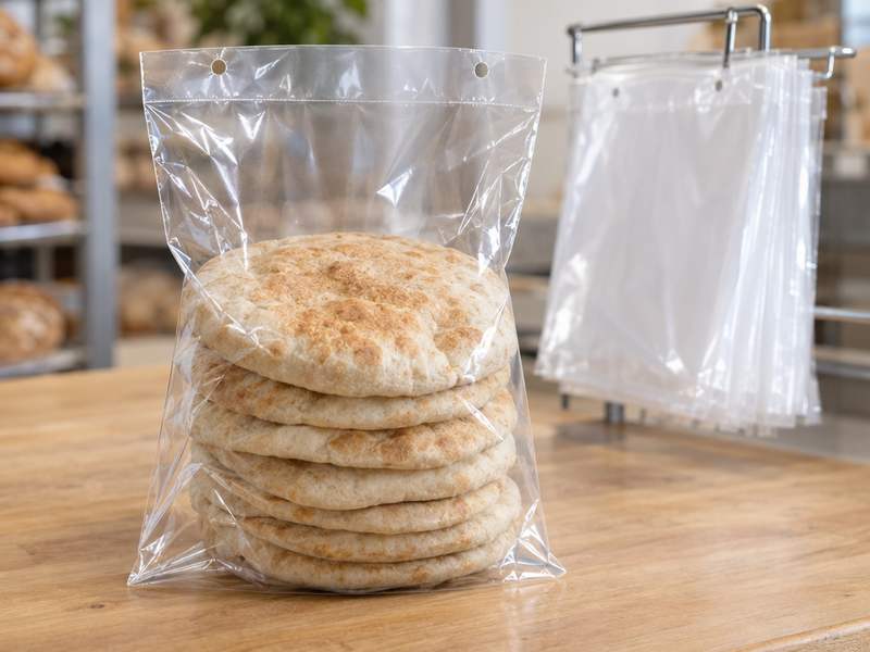 Fresh pita bread stacked in a clear wicketed bag on a bakery counter