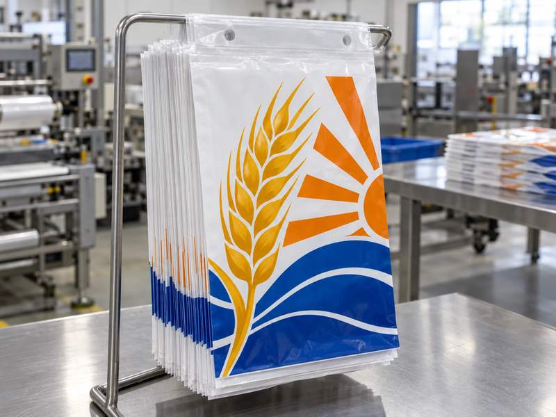 Stack of custom printed wicketed poly bags on a wire wicket