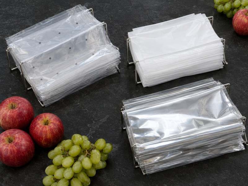 Clear vented, white and metallized wicketed produce bags with fresh fruit