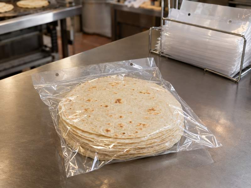 Stack of flour tortillas packed in a clear wicketed tortilla bag